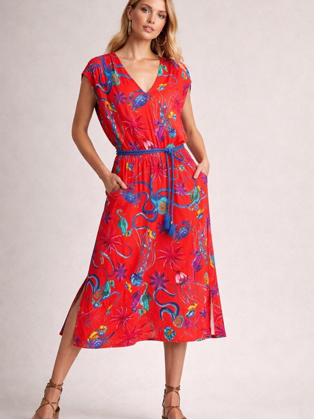 Twinset U&B XL NWT Ocean Print Midi Dress V-Neck Belted Pockets